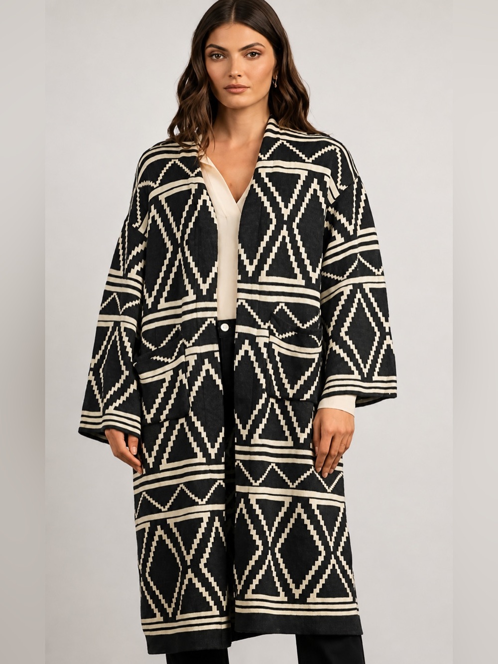 Elan Black Cream Geometric Long Cardigan Sweater Duster Size M